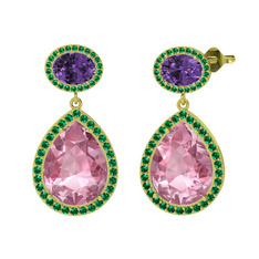Pembe kuvars, ametist ve yeşil kuvars 8 ayar altın küpe