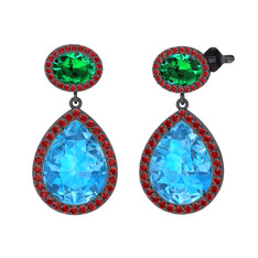 Lupine Küpe - Akuamarin, yeşil kuvars ve garnet 925 ayar siyah rodyum kaplama gümüş küpe #1c793z2