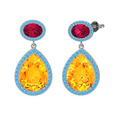 Sitrin, rodolit garnet ve akuamarin 18 ayar beyaz altın küpe