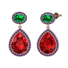 Garnet, yeşil kuvars ve ametist 8 ayar rose altın küpe