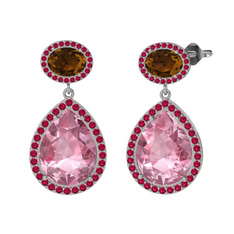 Lupine Küpe - Pembe kuvars, dumanlı kuvars ve rodolit garnet 18 ayar beyaz altın küpe #1d15p50