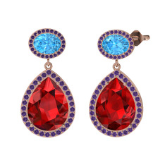 Garnet, akuamarin ve ametist 14 ayar rose altın küpe