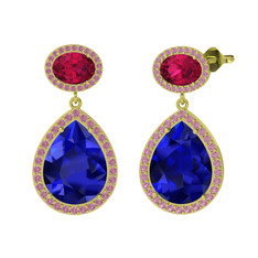 Lab safir, rodolit garnet ve pembe kuvars 8 ayar altın küpe