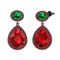 Lupine Küpe - Garnet ve yeşil kuvars 925 ayar siyah rodyum kaplama gümüş küpe #1efugug