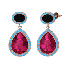 Lupine Küpe - Rodolit garnet, siyah zirkon ve akuamarin 8 ayar rose altın küpe #1embx60