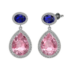 Pembe kuvars, lab safir ve beyaz zirkon 14 ayar beyaz altın küpe