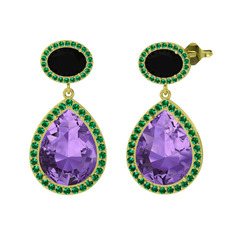 Lupine Küpe - Ametist, siyah zirkon ve yeşil kuvars 925 ayar altın kaplama gümüş küpe #1ft7wiu