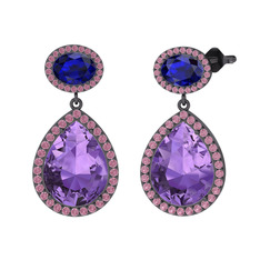 Lupine Küpe - Ametist, lab safir ve pembe kuvars 925 ayar siyah rodyum kaplama gümüş küpe #1fvi79j