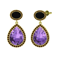 Lupine Küpe - Ametist, siyah zirkon ve dumanlı kuvars 18 ayar altın küpe #1fwn05a