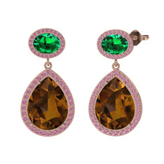 Lupine Küpe - Dumanlı kuvars, yeşil kuvars ve pembe kuvars 18 ayar rose altın küpe #1fyy15c