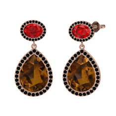 Dumanlı kuvars, garnet ve siyah zirkon 18 ayar rose altın küpe