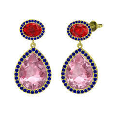 Pembe kuvars, garnet ve lab safir 18 ayar altın küpe