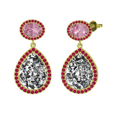 Beyaz zirkon, pembe kuvars ve rodolit garnet 18 ayar altın küpe