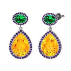 Lupine Küpe - Sitrin, yeşil kuvars ve ametist 8 ayar beyaz altın küpe #1hs54x3