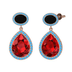 Garnet, siyah zirkon ve akuamarin 18 ayar rose altın küpe