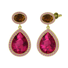 Rodolit garnet, dumanlı kuvars ve pembe kuvars 8 ayar altın küpe