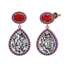 Beyaz zirkon, garnet ve ametist 14 ayar rose altın küpe