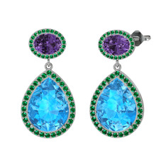 Lupine Küpe - Akuamarin, ametist ve yeşil kuvars 8 ayar beyaz altın küpe #1im6i83