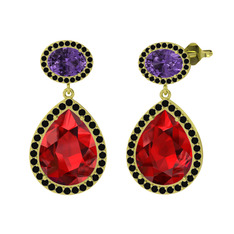 Garnet, ametist ve siyah zirkon 8 ayar altın küpe