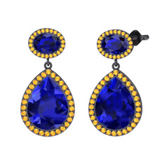 Lab safir ve sitrin 925 ayar siyah rodyum kaplama gümüş küpe