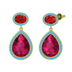 Rodolit garnet, garnet ve akuamarin 14 ayar altın küpe
