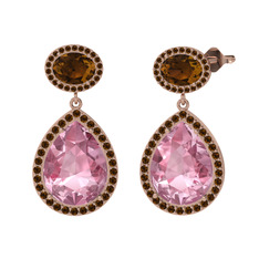 Pembe kuvars ve dumanlı kuvars 14 ayar rose altın küpe