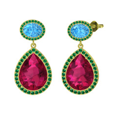 Rodolit garnet, akuamarin ve yeşil kuvars 8 ayar altın küpe