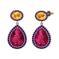Rodolit garnet, sitrin ve lab safir 8 ayar rose altın küpe