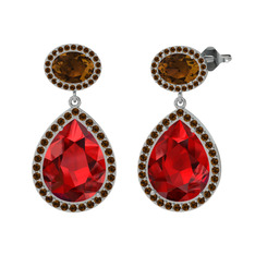 Garnet ve dumanlı kuvars 8 ayar beyaz altın küpe