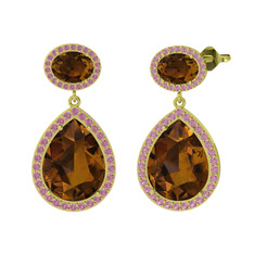 Dumanlı kuvars ve pembe kuvars 8 ayar altın küpe