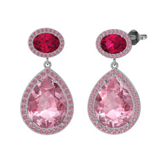 Pembe kuvars ve rodolit garnet 8 ayar beyaz altın küpe