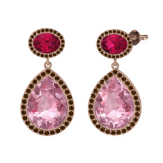 Pembe kuvars, rodolit garnet ve dumanlı kuvars 8 ayar rose altın küpe