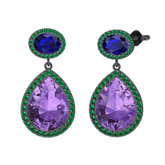 Lupine Küpe - Ametist, lab safir ve yeşil kuvars 925 ayar siyah rodyum kaplama gümüş küpe #1oodcd3