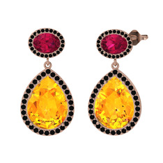 Lupine Küpe - Sitrin, rodolit garnet ve siyah zirkon 14 ayar rose altın küpe #1p3kgt4