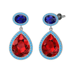 Garnet, lab safir ve akuamarin 14 ayar beyaz altın küpe