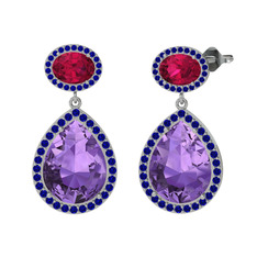 Lupine Küpe - Ametist, rodolit garnet ve lab safir 18 ayar beyaz altın küpe #1qub5m6