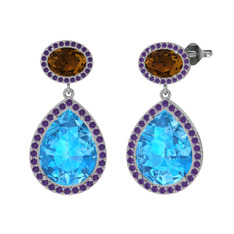 Lupine Küpe - Akuamarin, dumanlı kuvars ve ametist 14 ayar beyaz altın küpe #1r0pg43