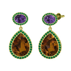 Dumanlı kuvars, ametist ve yeşil kuvars 8 ayar altın küpe