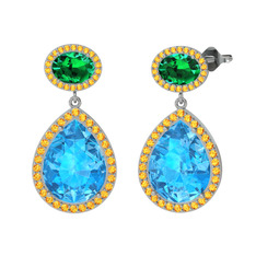 Akuamarin, yeşil kuvars ve sitrin 925 ayar gümüş küpe