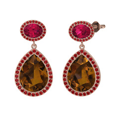 Dumanlı kuvars, rodolit garnet ve garnet 8 ayar rose altın küpe