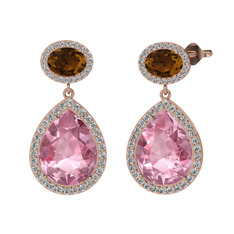 Pembe kuvars, dumanlı kuvars ve beyaz zirkon 14 ayar rose altın küpe