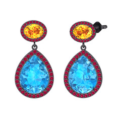 Akuamarin, sitrin ve rodolit garnet 925 ayar siyah rodyum kaplama gümüş küpe