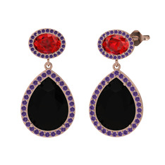 Siyah zirkon, garnet ve ametist 14 ayar rose altın küpe