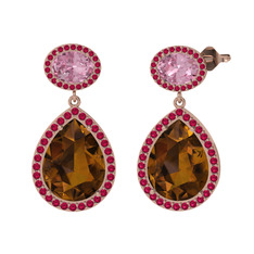 Lupine Küpe - Dumanlı kuvars, pembe kuvars ve rodolit garnet 14 ayar rose altın küpe #1t0tdsa