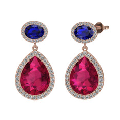 Rodolit garnet, lab safir ve beyaz zirkon 925 ayar rose altın kaplama gümüş küpe