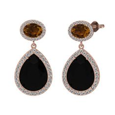 Siyah zirkon, dumanlı kuvars ve beyaz zirkon 14 ayar rose altın küpe