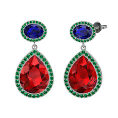 Lupine Küpe - Garnet, lab safir ve yeşil kuvars 14 ayar beyaz altın küpe #1unc69k