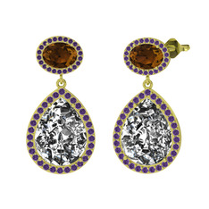 Beyaz zirkon, dumanlı kuvars ve ametist 14 ayar altın küpe