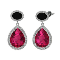 Rodolit garnet, siyah zirkon ve beyaz zirkon 18 ayar beyaz altın küpe