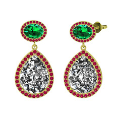 Beyaz zirkon, yeşil kuvars ve rodolit garnet 14 ayar altın küpe